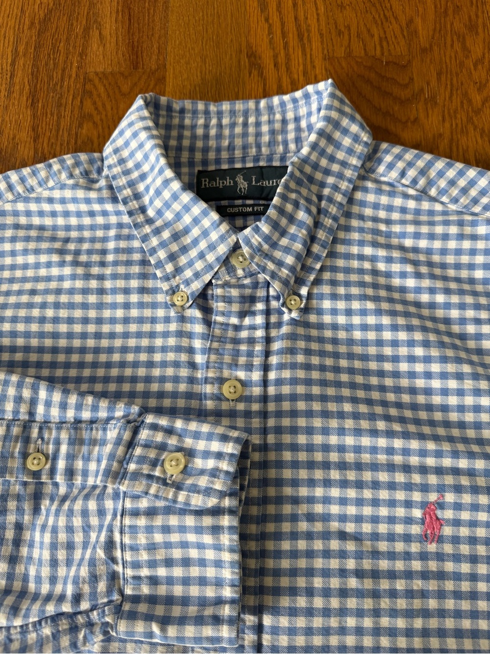 Ralph Lauren Mens Large Custom Fit Blue Gingham Check Cotton Button Down Shirt